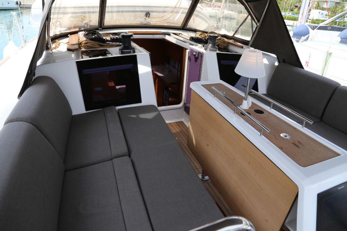 Cockpit of Sea Hawk, a Dufour 460 Grand Large sailboat at Grad Kaštela, Croatia