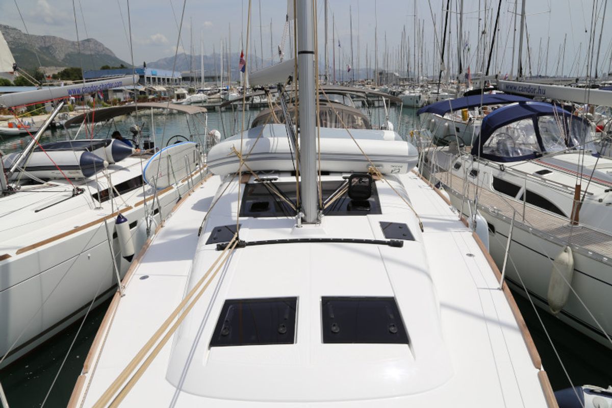 Exterior view of Sea Hawk, a Dufour 460 Grand Large sailboat at Grad Kaštela, Croatia