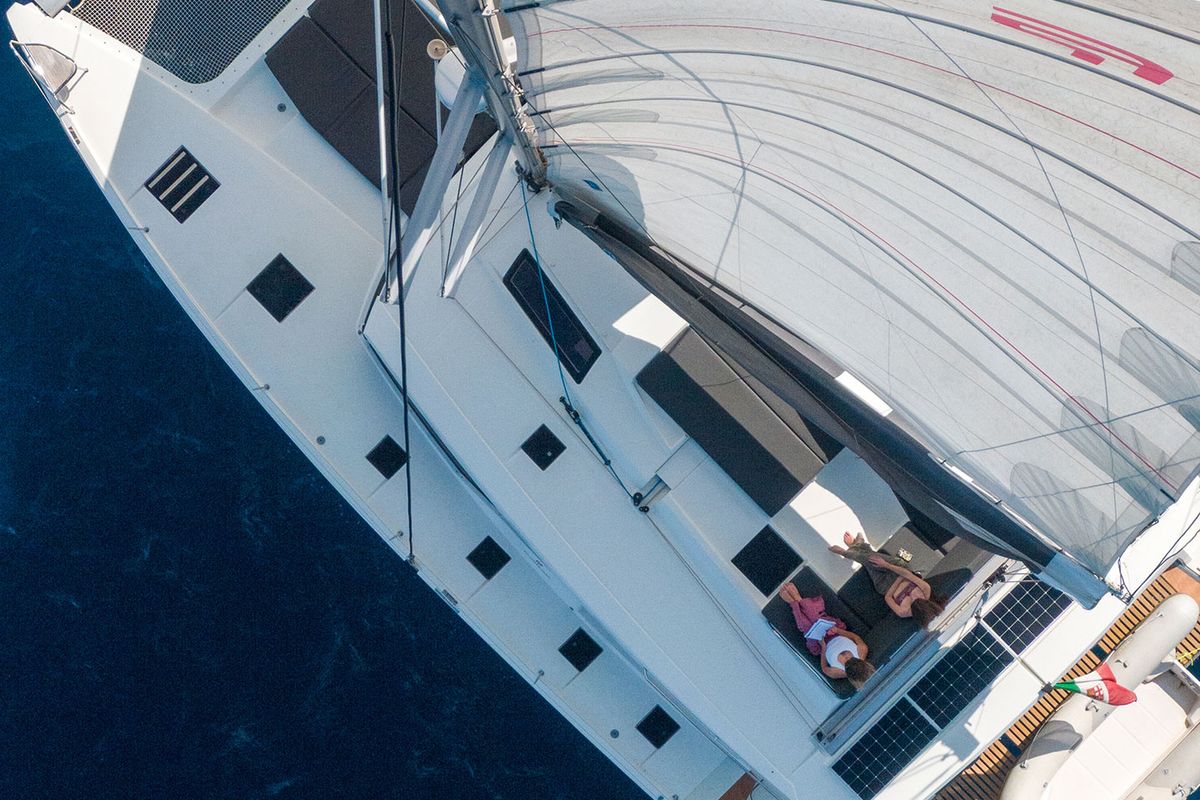 Deck of Orsa 3, a Fountaine Pajot Saona 47 Quintet catamaran at Cannigione, Italy