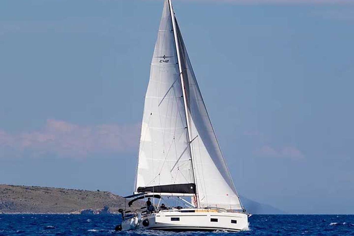 Exterior view of Jenny K, a Bavaria C42 sailboat at Municipal Unit of Lefkada, Greece