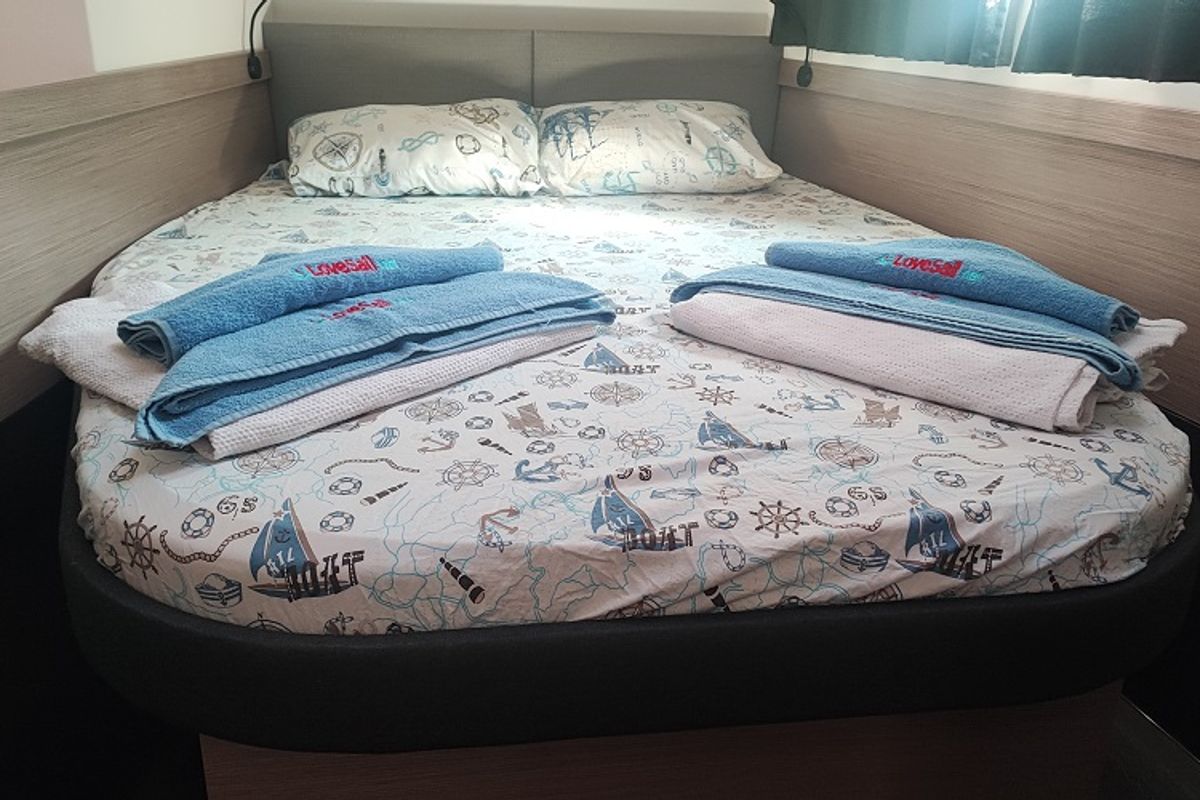Cabin on Lalom, a Fountaine Pajot Elba 45 catamaran at Fethiye, Turkey