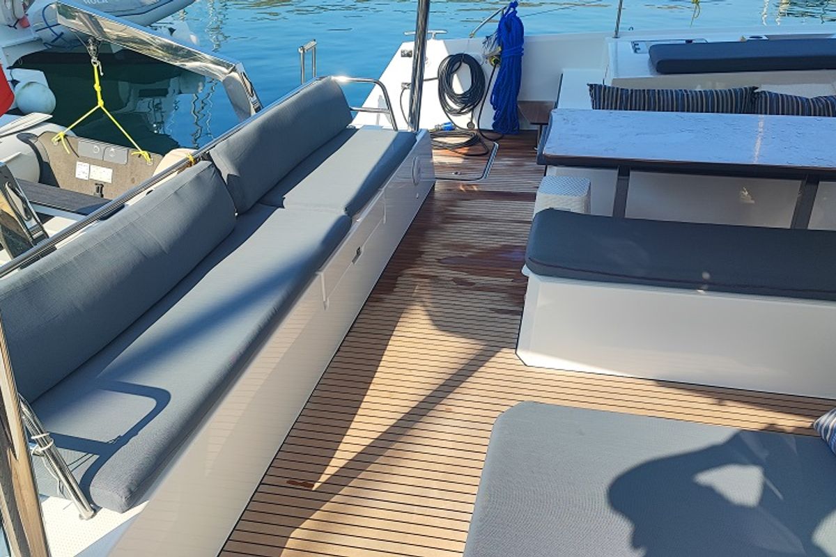 Deck of Lalom, a Fountaine Pajot Elba 45 catamaran at Fethiye, Turkey
