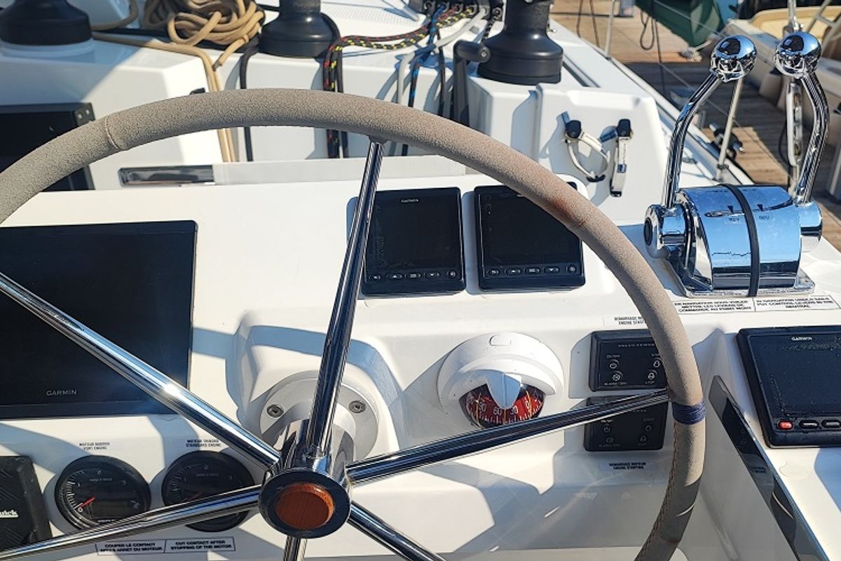 Cockpit of Lalom, a Fountaine Pajot Elba 45 catamaran at Fethiye, Turkey