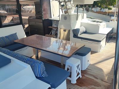 Deck of Lalom, a Fountaine Pajot Elba 45 catamaran at Fethiye, Turkey