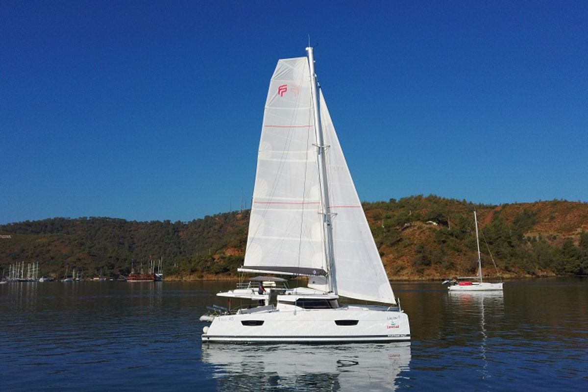 Exterior view of Lalom, a Fountaine Pajot Elba 45 catamaran at Fethiye, Turkey