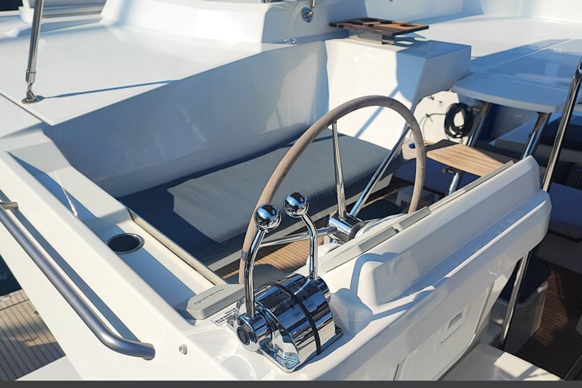 Cockpit of Lalom, a Fountaine Pajot Elba 45 catamaran at Fethiye, Turkey