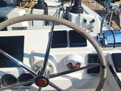 Cockpit of Lalom, a Fountaine Pajot Elba 45 catamaran at Fethiye, Turkey