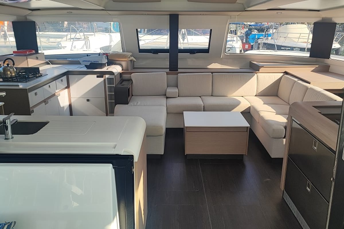 Salon of Lalom, a Fountaine Pajot Elba 45 catamaran at Fethiye, Turkey