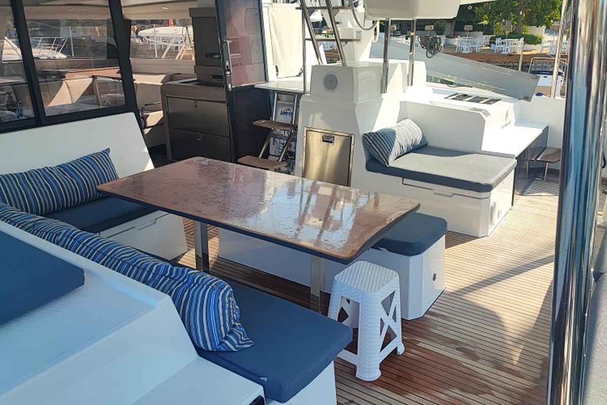 Deck of Lalom, a Fountaine Pajot Elba 45 catamaran at Fethiye, Turkey