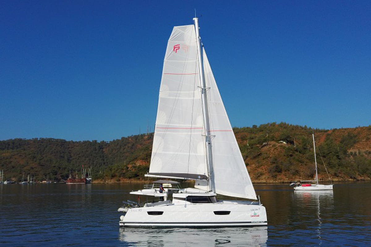 Exterior view of Lalom, a Fountaine Pajot Elba 45 catamaran at Fethiye, Turkey