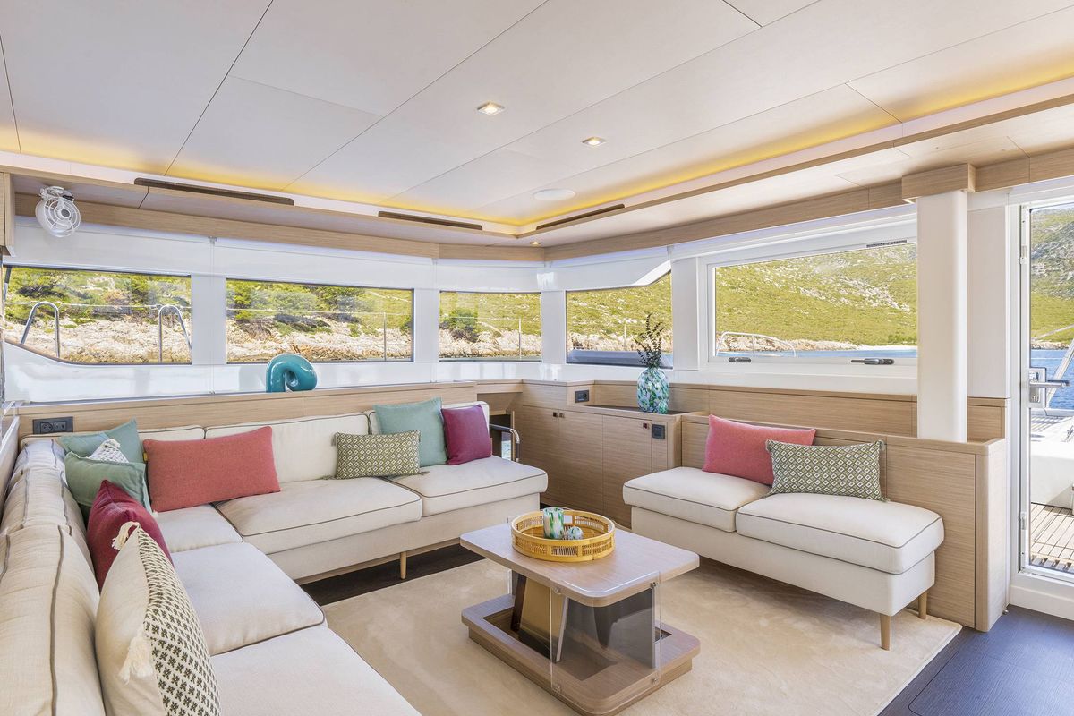 Salon of LADY M, a Lagoon 60 catamaran at Athens, Greece