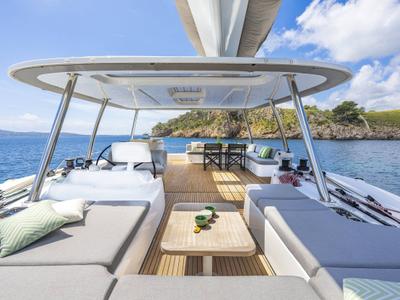 Cockpit of LADY M, a Lagoon 60 catamaran at Athens, Greece