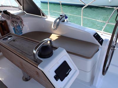 Cockpit of Why Not 15, a Bavaria 34 Cruiser sailboat at Municipal Unit of Lefkada, Greece