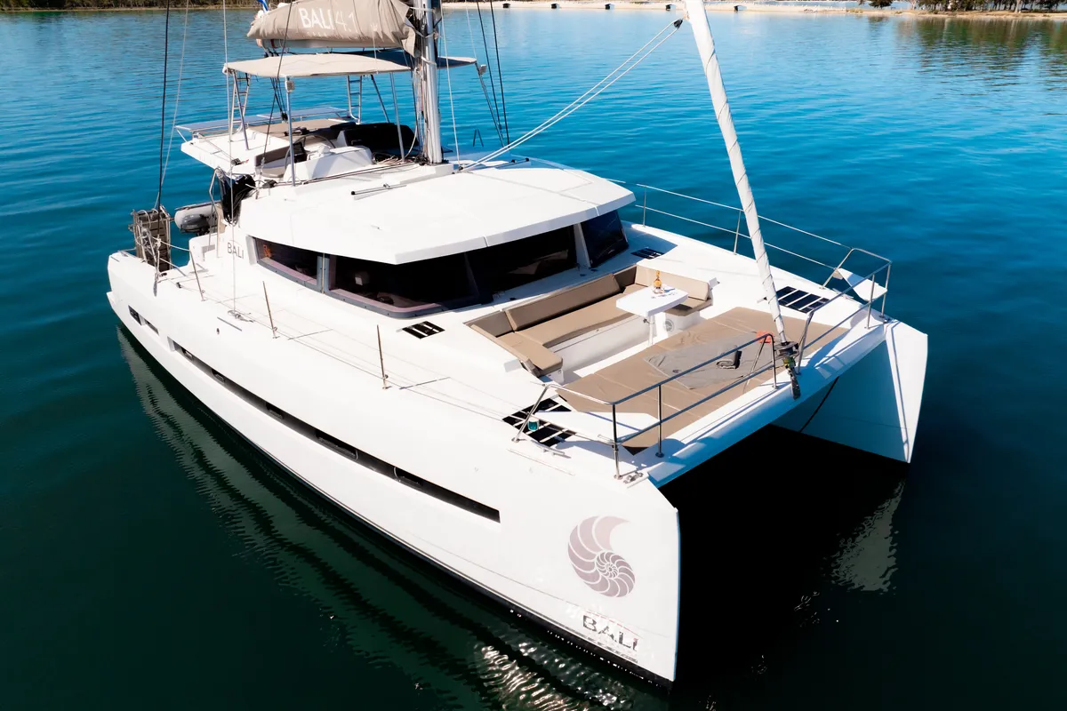 Exterior view of ZIZI, a Bali 4.1 catamaran at Preveza, Greece