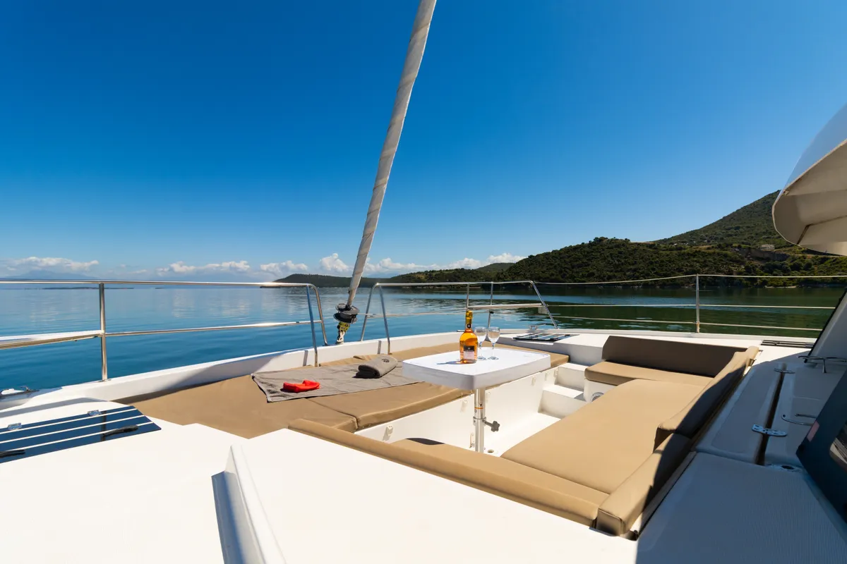 Deck of ZIZI, a Bali 4.1 catamaran at Preveza, Greece