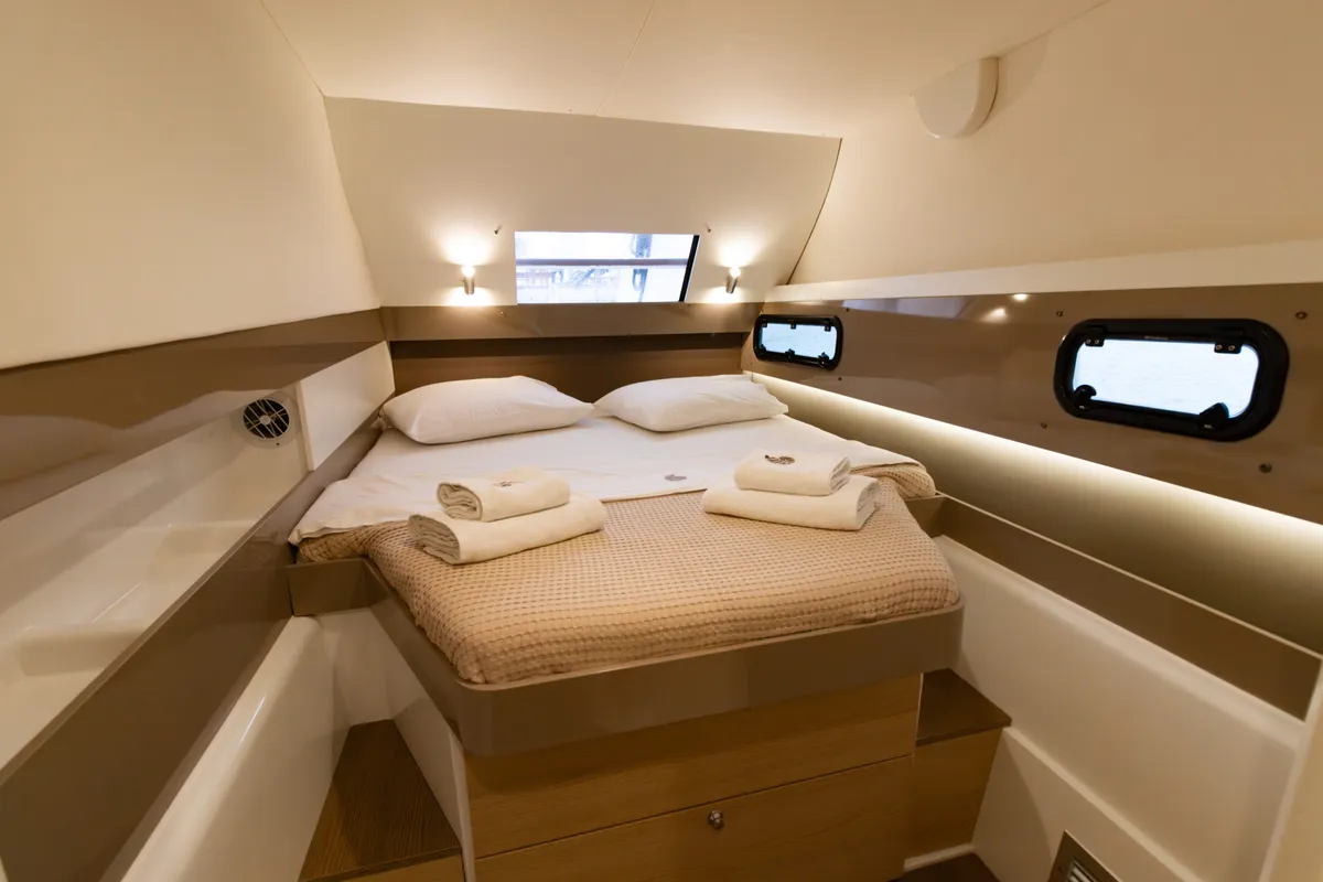 Cabin on ZIZI, a Bali 4.1 catamaran at Preveza, Greece