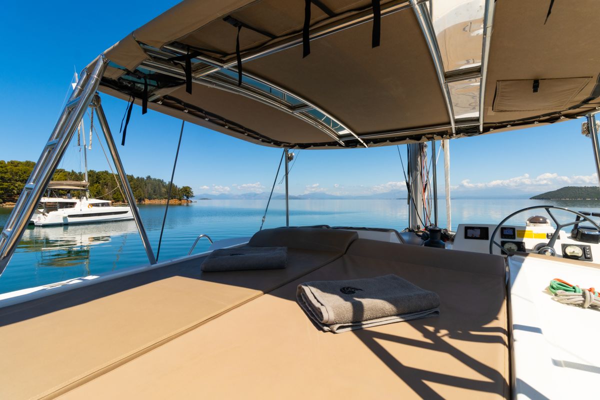 Deck of ZIZI, a Bali 4.1 catamaran at Preveza, Greece