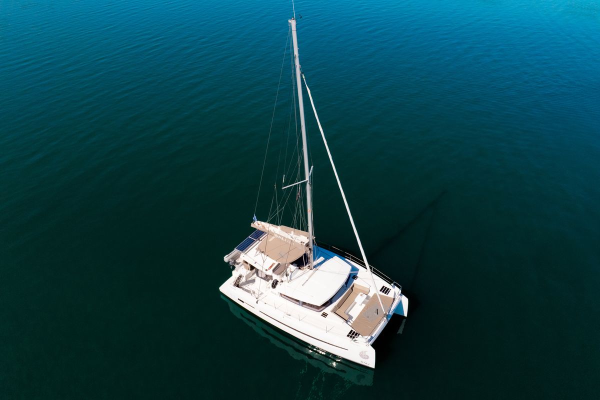 Exterior view of ZIZI, a Bali 4.1 catamaran at Preveza, Greece
