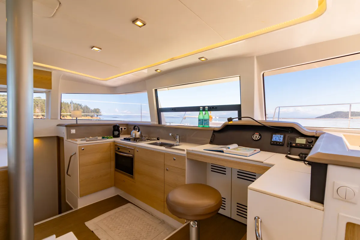 Cockpit of ZIZI, a Bali 4.1 catamaran at Preveza, Greece