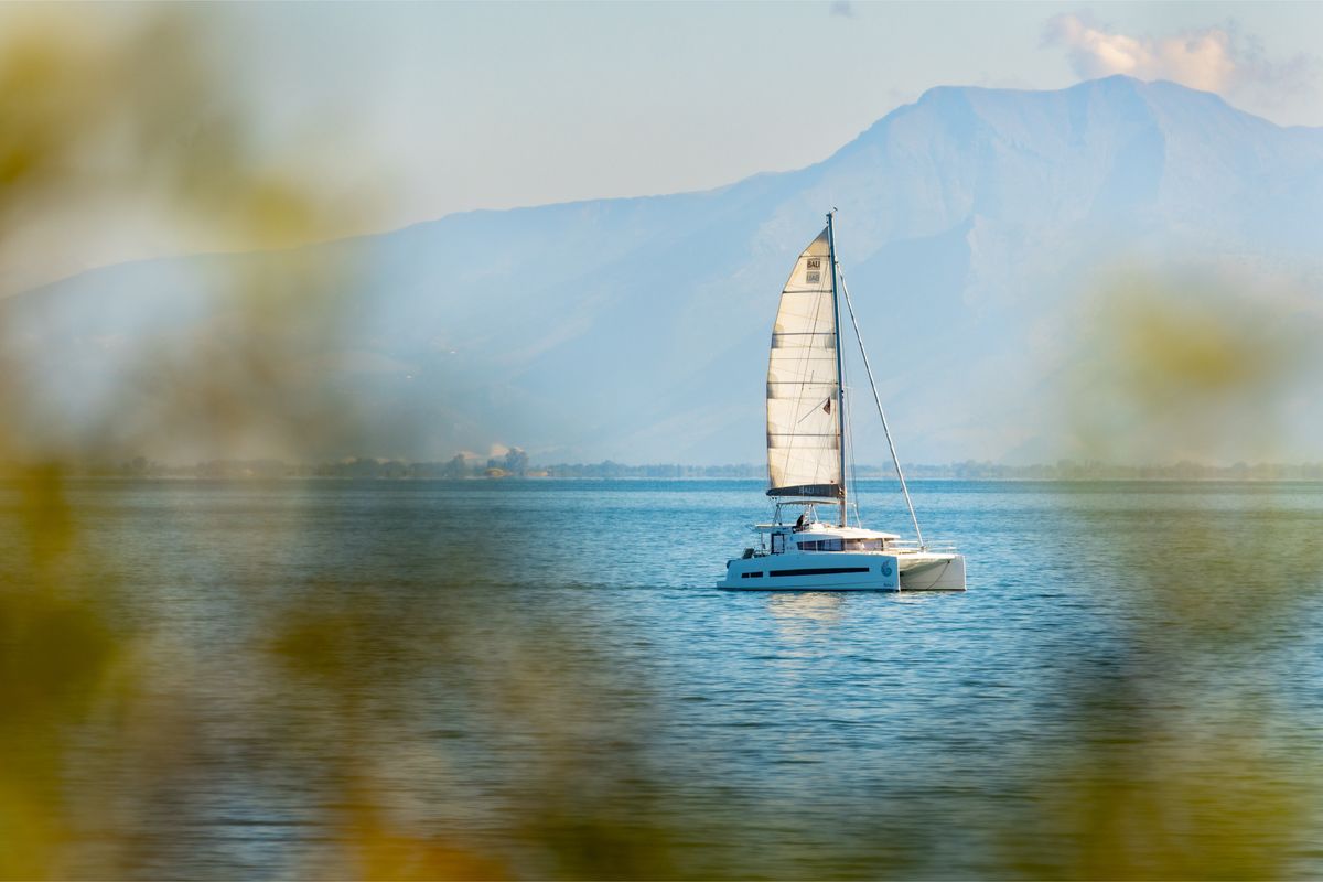 Exterior view of ZIZI, a Bali 4.1 catamaran at Preveza, Greece