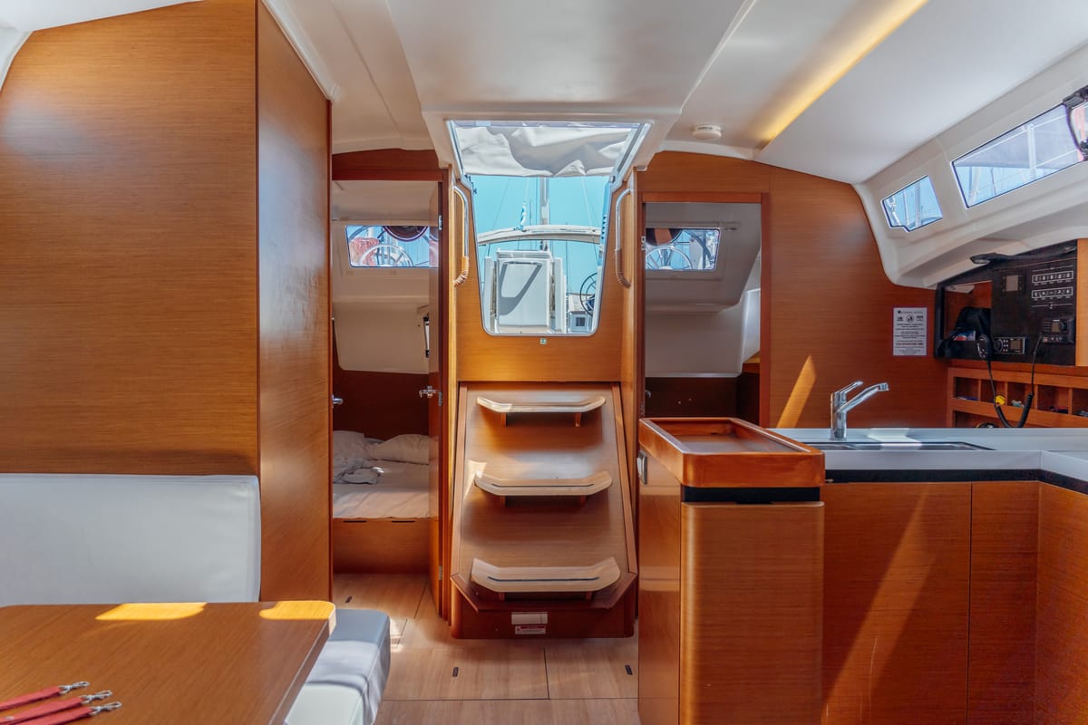 Salon of Anassa, a Jeanneau Sun Odyssey 410 sailboat at Kos, Greece
