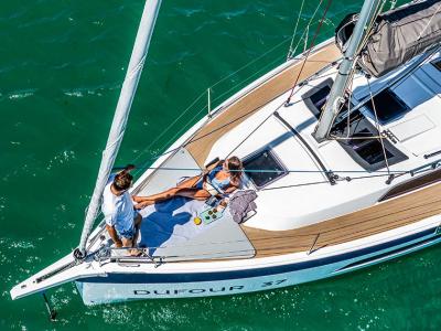 Deck of Skiona, a Dufour 37 sailboat at La Rochelle, France