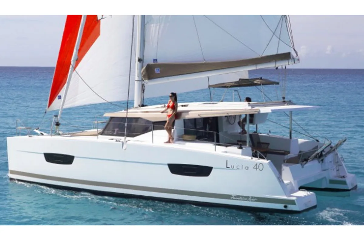 Exterior view of LAGRADO II, a Fountaine Pajot Lucia 40 catamaran at Port de Bormes-les-Mimosas, France