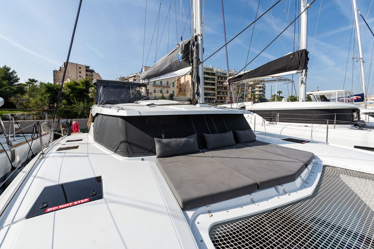 Deck of Rih, a Fountaine Pajot Isla 40 catamaran at Municipal Unit of Lefkada, Greece