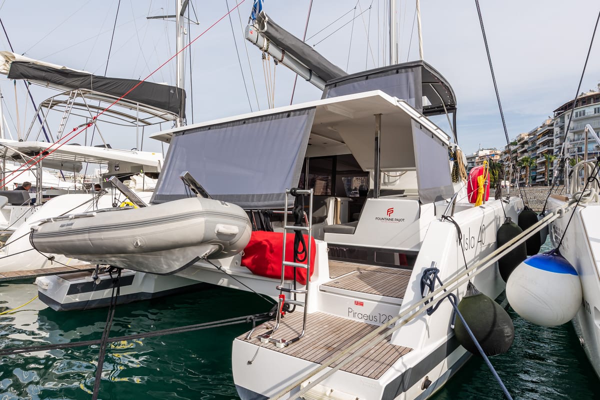 Exterior view of Rih, a Fountaine Pajot Isla 40 catamaran at Municipal Unit of Lefkada, Greece