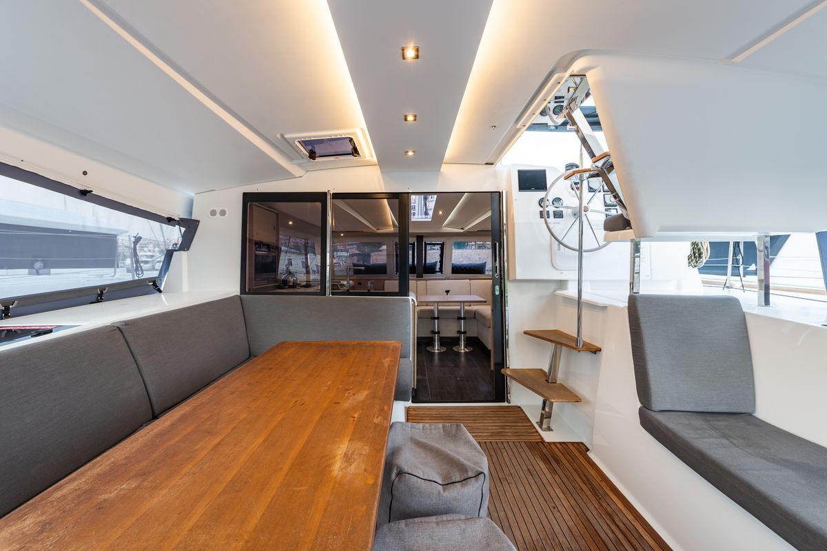 Deck of Rih, a Fountaine Pajot Isla 40 catamaran at Municipal Unit of Lefkada, Greece