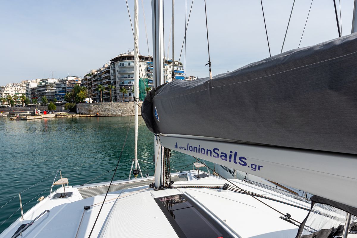 Exterior view of Rih, a Fountaine Pajot Isla 40 catamaran at Municipal Unit of Lefkada, Greece