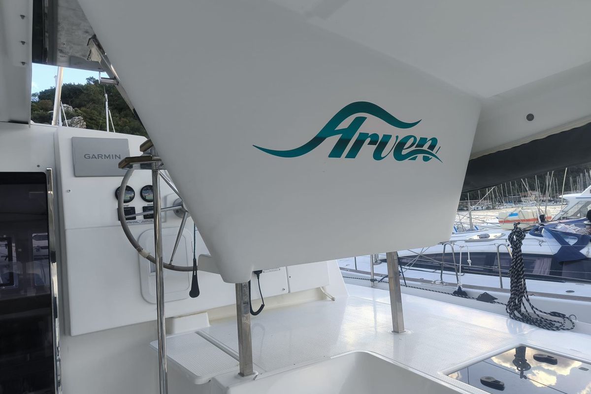 Cockpit of Arven, a Fountaine Pajot Isla 40 catamaran at Marmaris, Turkey