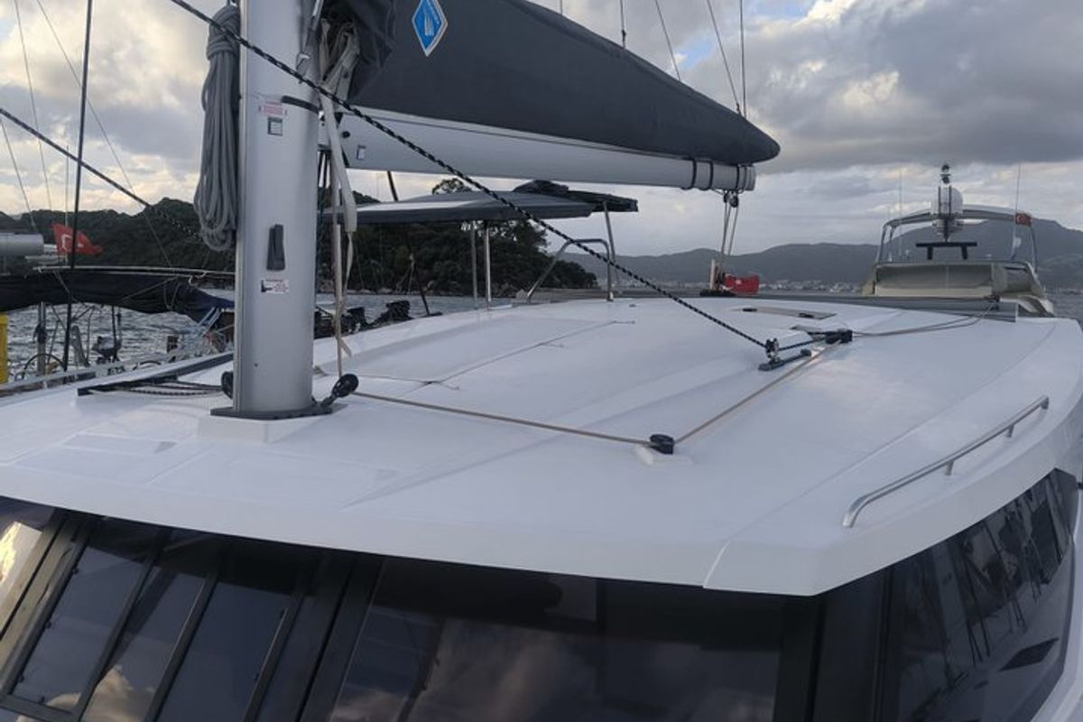 Deck of Arven, a Fountaine Pajot Isla 40 catamaran at Marmaris, Turkey
