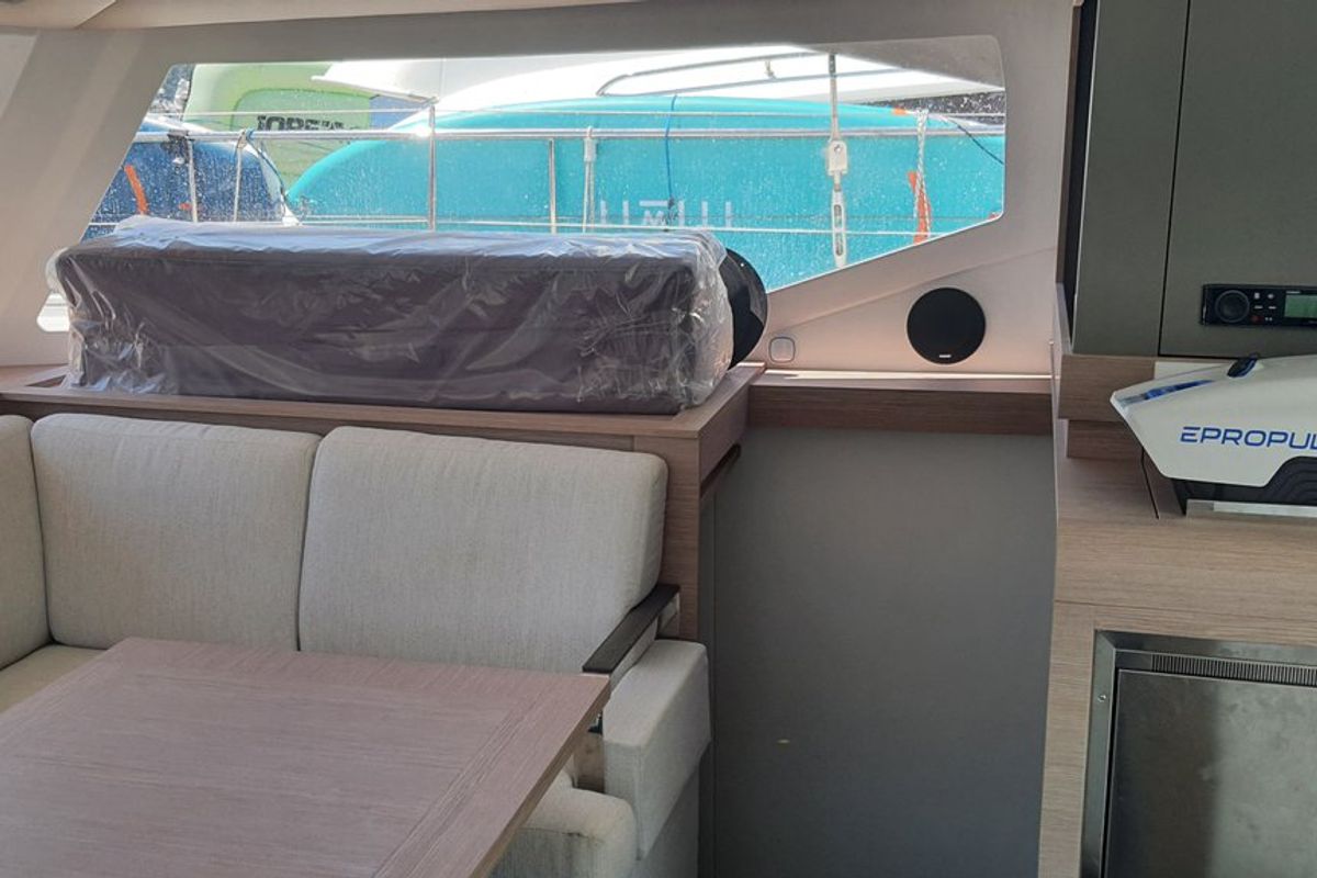 Salon of Arven, a Fountaine Pajot Isla 40 catamaran at Marmaris, Turkey