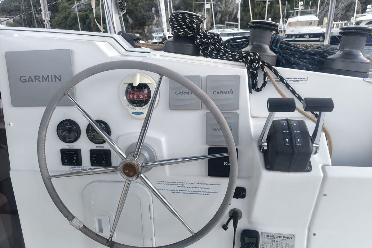 Cockpit of Arven, a Fountaine Pajot Isla 40 catamaran at Marmaris, Turkey