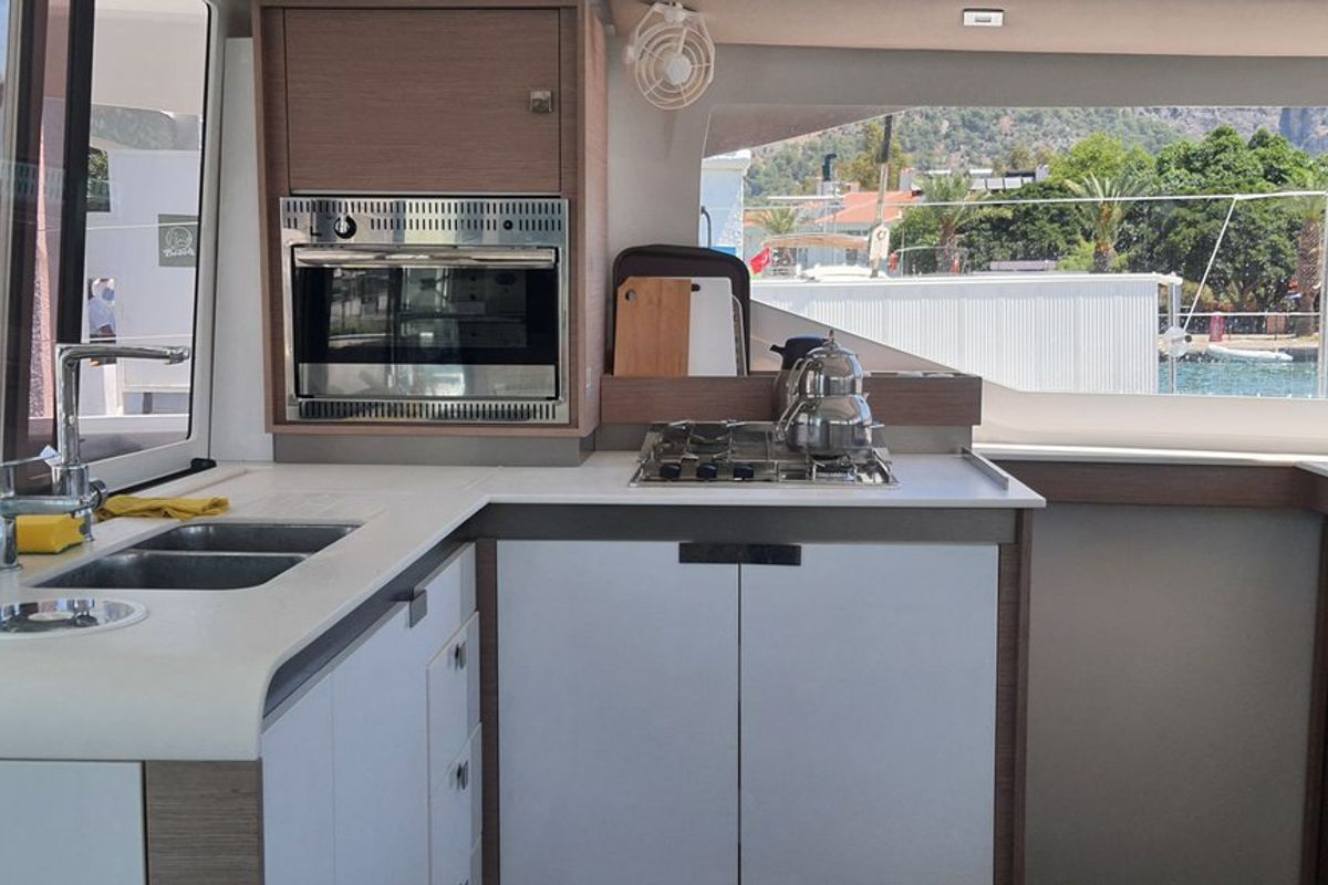 Galley of Arven, a Fountaine Pajot Isla 40 catamaran at Marmaris, Turkey