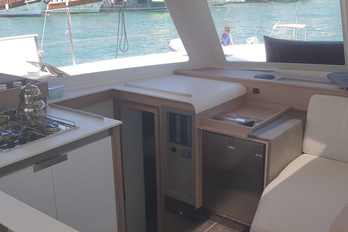Galley of Arven, a Fountaine Pajot Isla 40 catamaran at Marmaris, Turkey