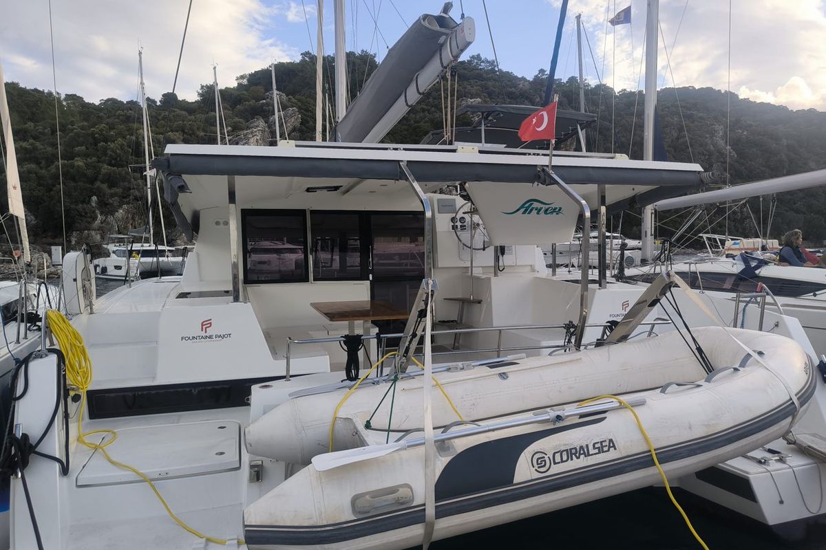 Exterior view of Arven, a Fountaine Pajot Isla 40 catamaran at Marmaris, Turkey