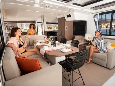 Salon of Sugar Daddy, a Bali 4.2 catamaran at Seychelles, Eden Island Marina, Seychelles