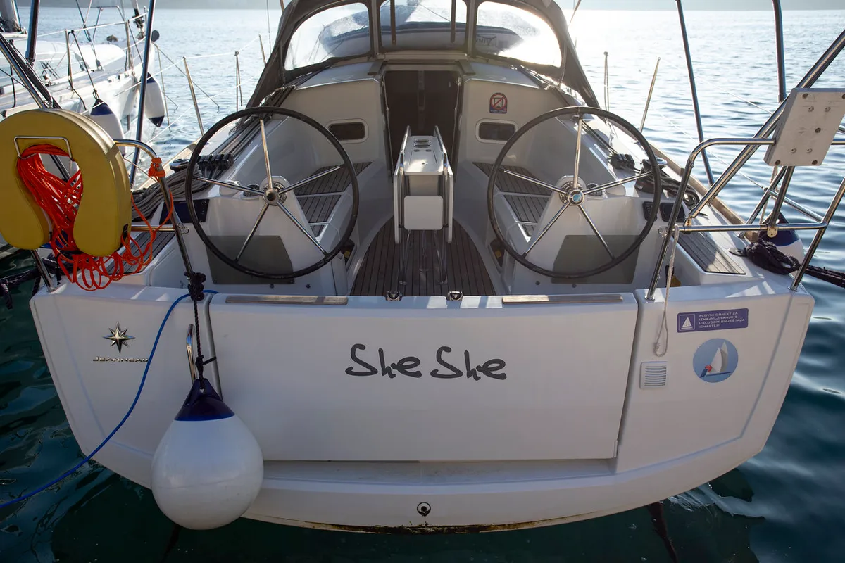 Exterior view of SheShe, a Jeanneau Sun Odyssey 349 sailboat at Grad Pula, Croatia