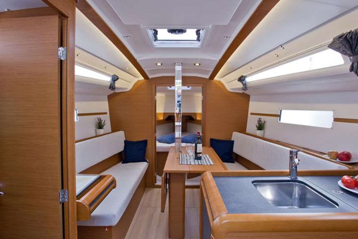 Salon of SheShe, a Jeanneau Sun Odyssey 349 sailboat at Grad Pula, Croatia