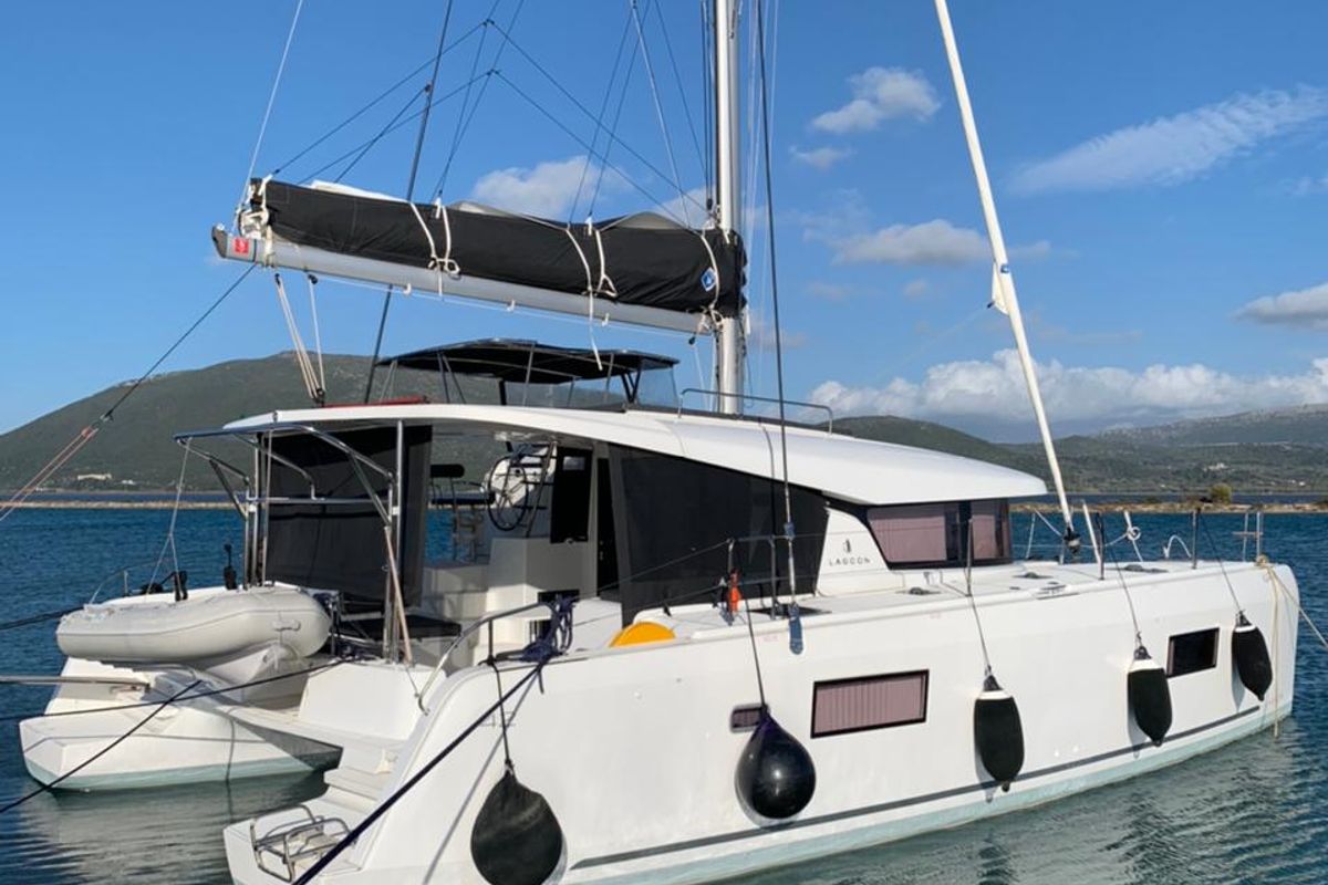 Exterior view of KARMA, a Lagoon 42 catamaran at Municipal Unit of Lefkada, Greece