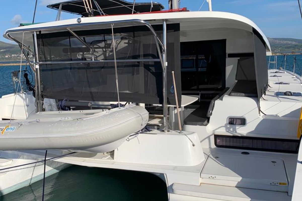 Deck of KARMA, a Lagoon 42 catamaran at Municipal Unit of Lefkada, Greece