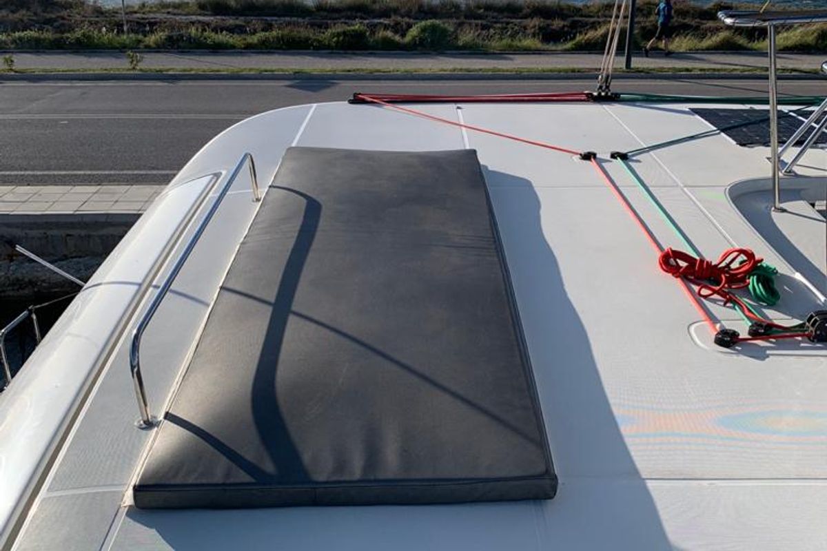 Deck of KARMA, a Lagoon 42 catamaran at Municipal Unit of Lefkada, Greece