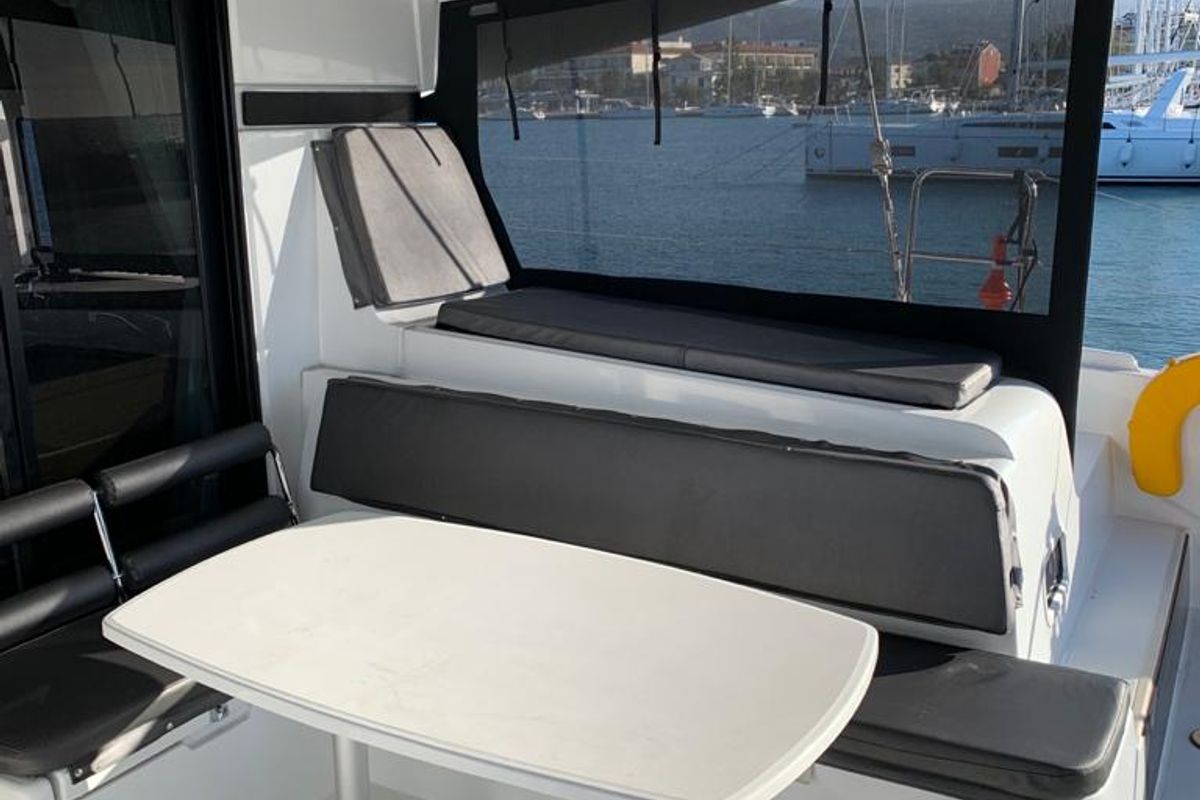Deck of KARMA, a Lagoon 42 catamaran at Municipal Unit of Lefkada, Greece