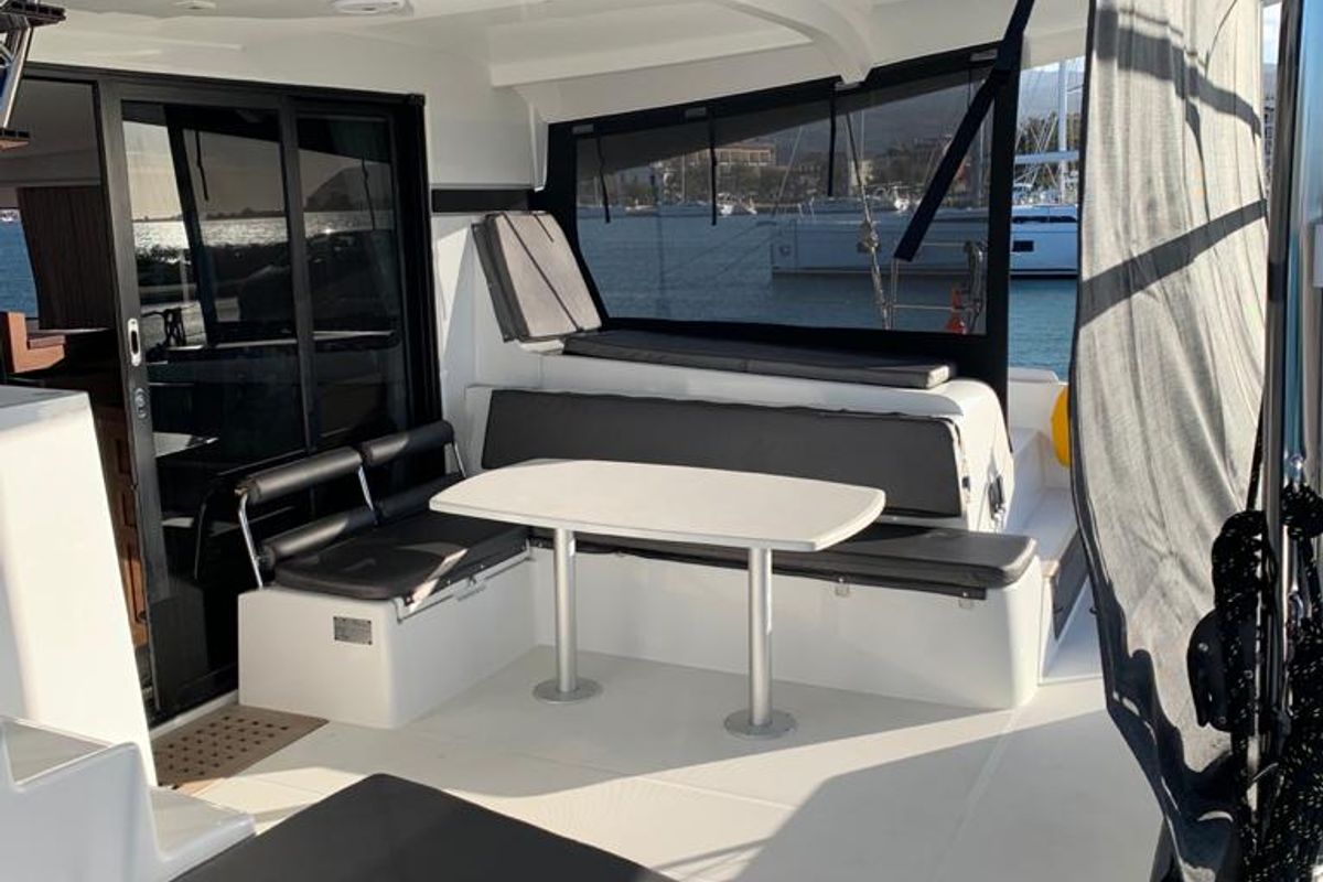 Deck of KARMA, a Lagoon 42 catamaran at Municipal Unit of Lefkada, Greece