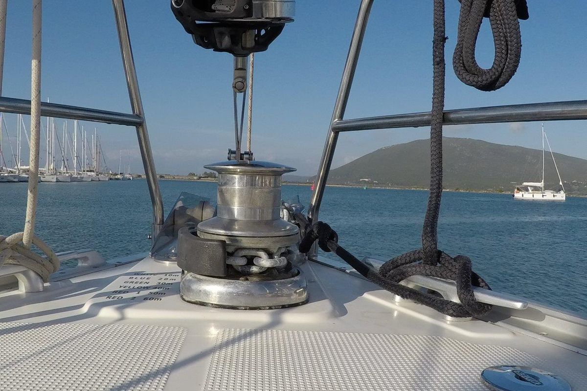 Deck of Juniper, a Bavaria 50 Cruiser sailboat at Municipal Unit of Lefkada, Greece