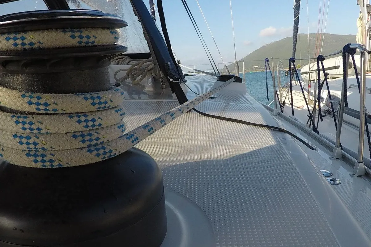 Deck of Juniper, a Bavaria 50 Cruiser sailboat at Municipal Unit of Lefkada, Greece