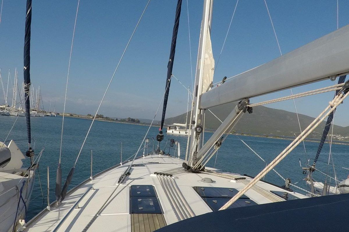 Deck of Juniper, a Bavaria 50 Cruiser sailboat at Municipal Unit of Lefkada, Greece