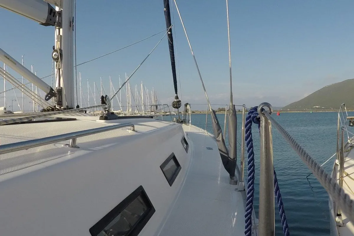 Deck of Juniper, a Bavaria 50 Cruiser sailboat at Municipal Unit of Lefkada, Greece